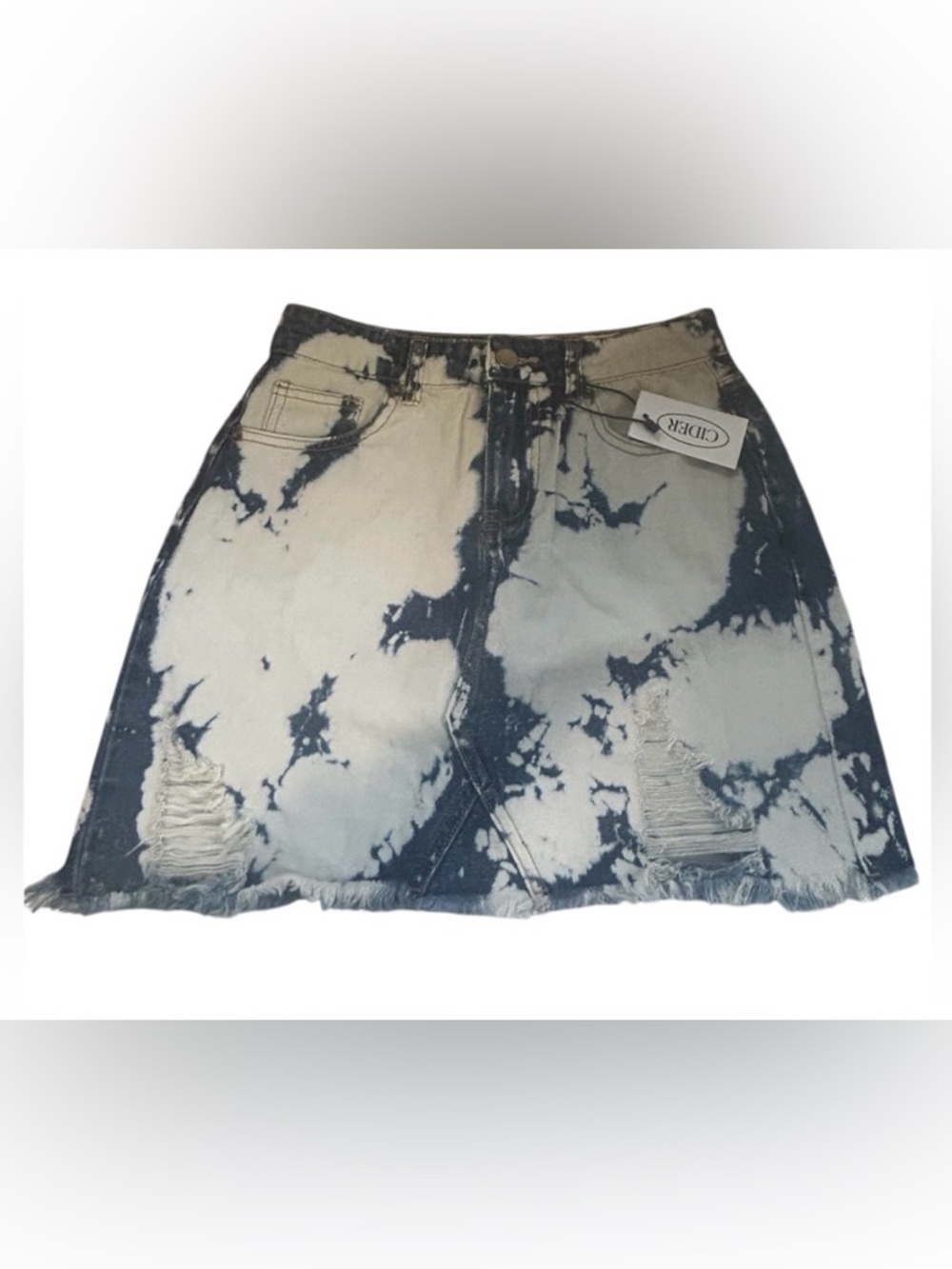 BLEACHED DENIM MINI SKIRT FRAYED RAW HEM CIDER WOMEN’S